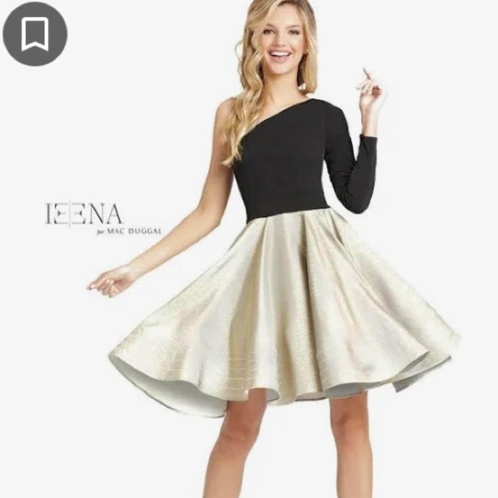 NEW Ieena Mac Duggal one sleeve mini dress metallic black size 8